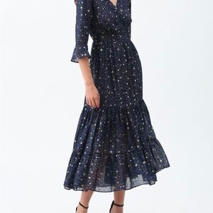 Chicwish Blue and Gold Ruffled Sundress with 3/4 Bell Sleeves